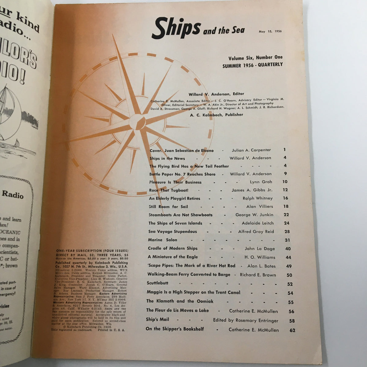 Interior page of Ships and the Sea magazine, Summer 1956 edition, displaying the table of contents, highlighting articles on maritime history and exploration.