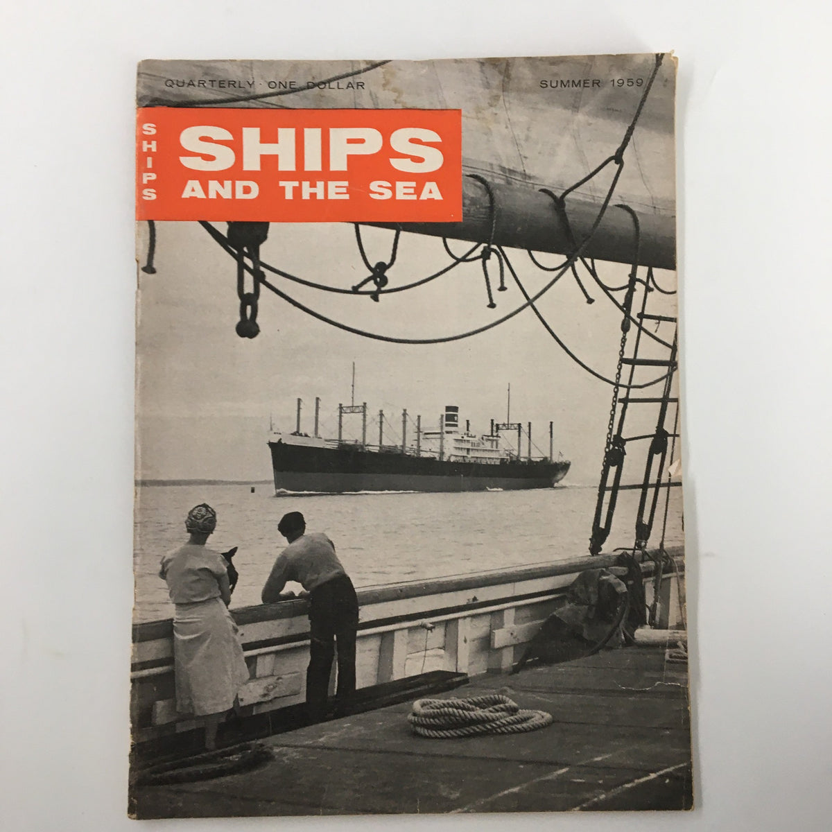 Cover of VTG Ships and the Sea Magazine Summer 1959 featuring a C2 Freighter at sea with two people observing on deck.