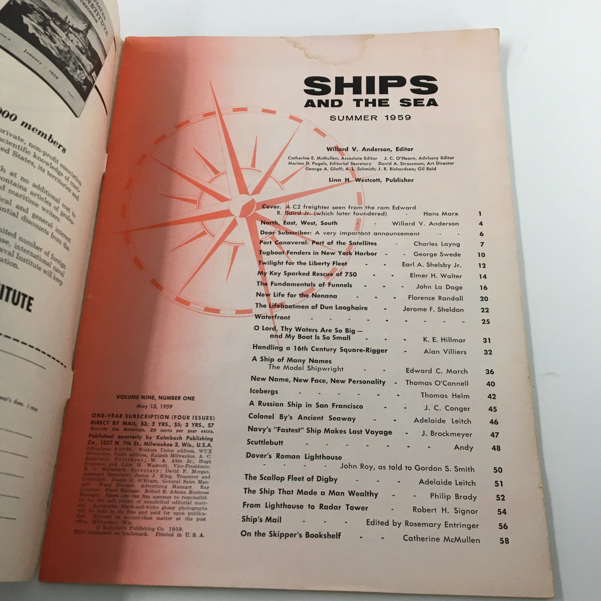 Interior view of Ships and the Sea Magazine Summer 1959 featuring the table of contents and editorial details, showcasing maritime history and C2 Freighter at Ram Edward.