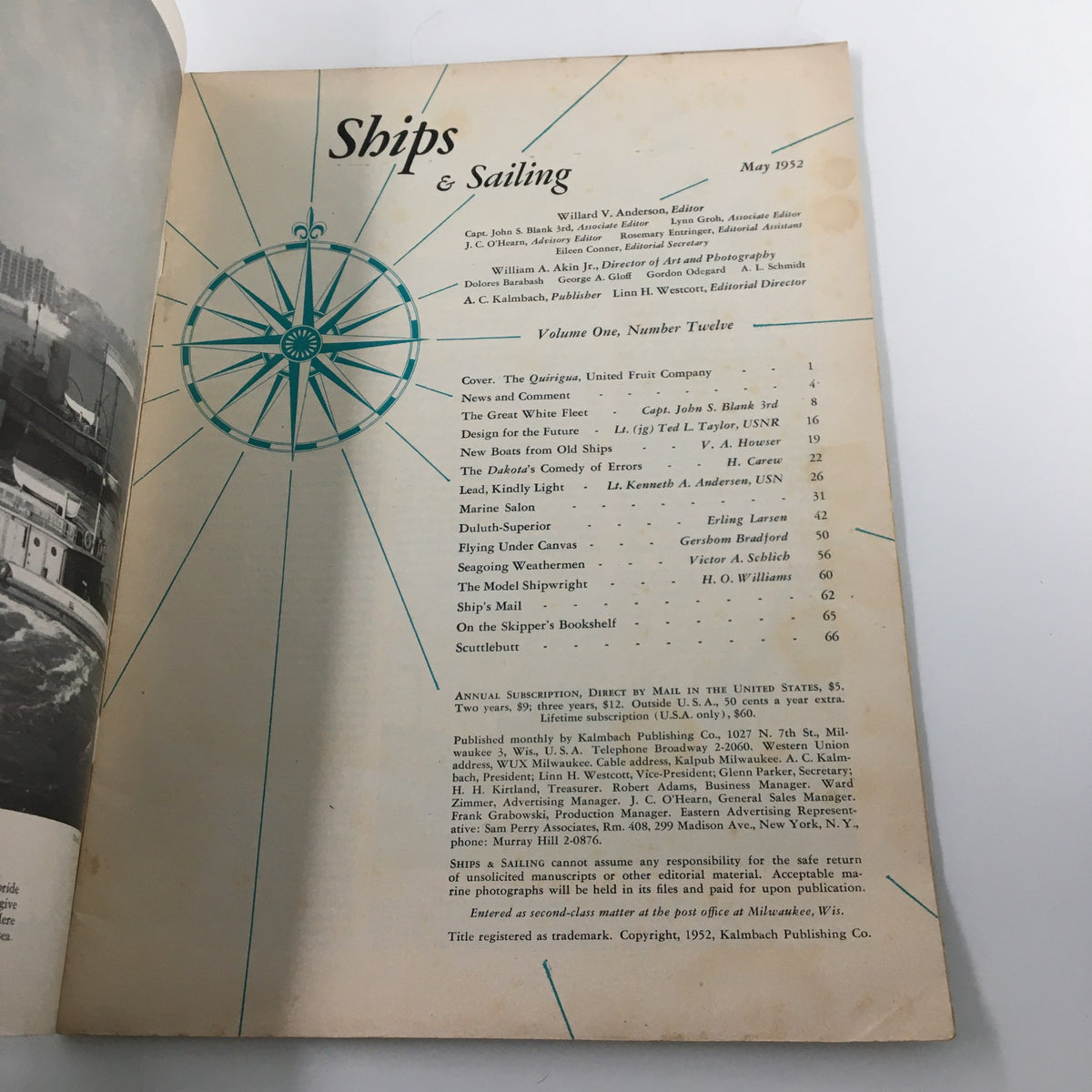 Inside page of 'Ships and Sailing' May 1952 magazine, displaying the table of contents with listings on maritime history and exploration.