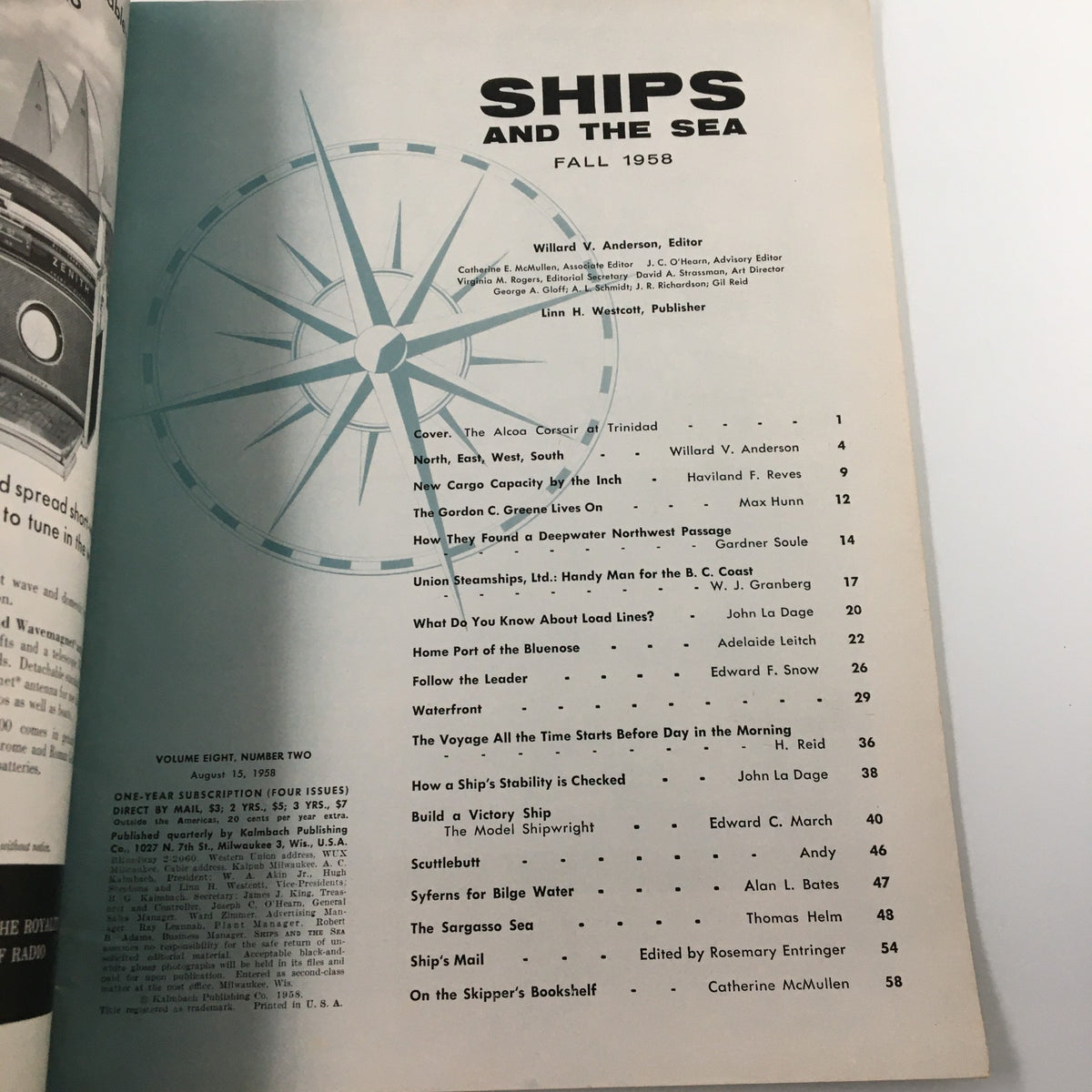 Interior page of VTG Ships and the Sea Magazine Fall 1958 displaying the table of contents and editorial details, highlighting features about the Alcoa Corsair.
