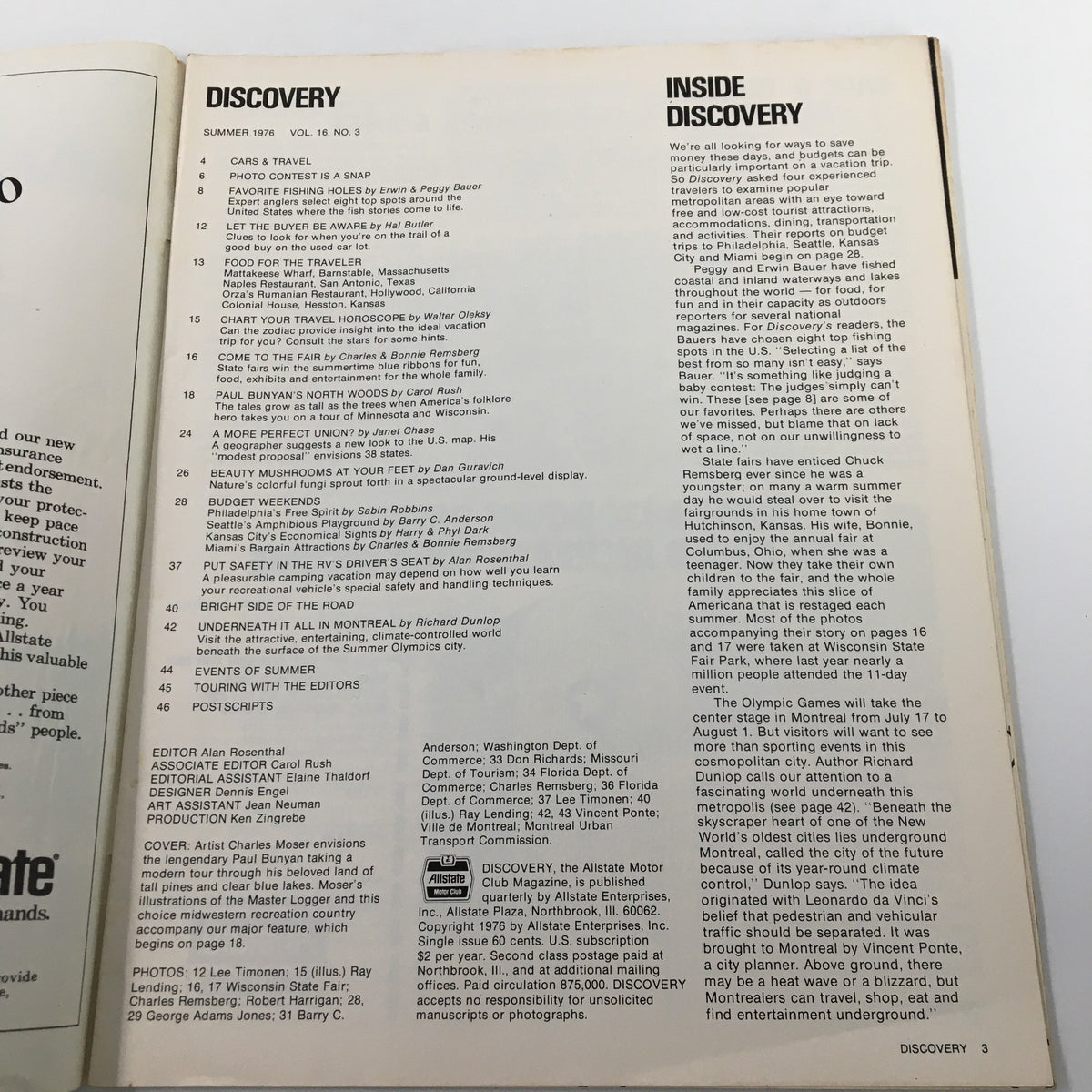 Table of contents page from VTG Discovery Magazine Summer 1976, highlighting featured articles and topics including Paul Bunyan and cultural explorations reflective of the mid-1970s era.