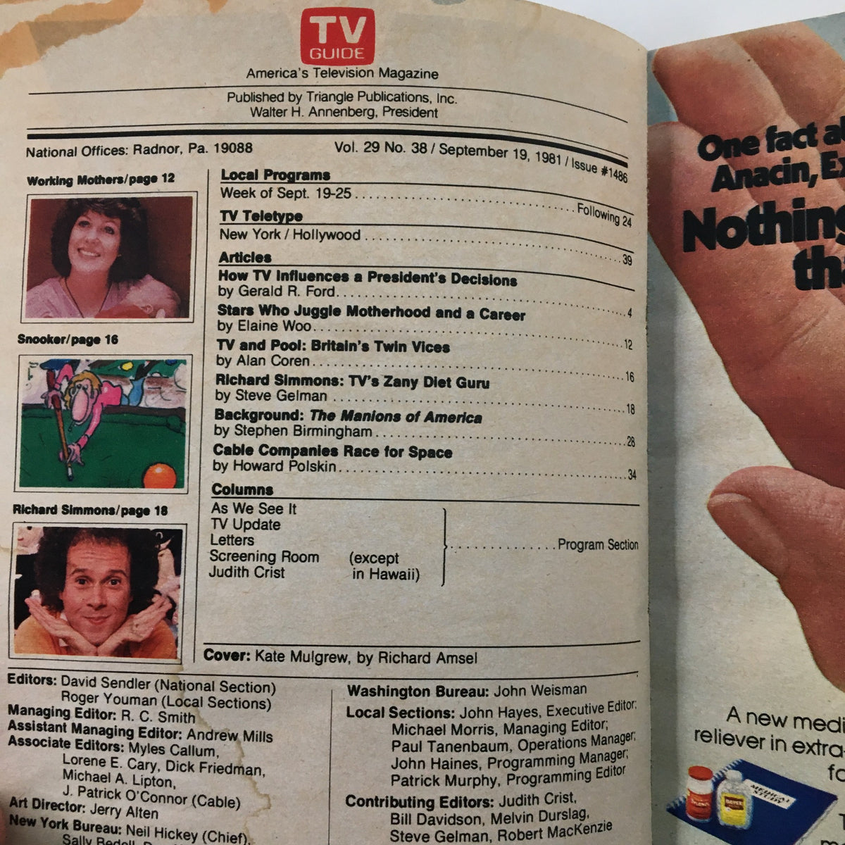 Interior page of the VTG TV Guide Magazine September 19 1981 showing article listings and Richard Amsel's cover art featuring Kate Mulgrew, reflecting the era's television highlights.
