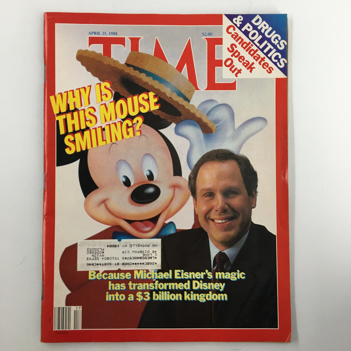 Cover of VTG Time Magazine from April 25, 1988, featuring Michael Eisner and Mickey Mouse, with the headline 'Why Is This Mouse Smiling?' highlighting Disney's transformation under Eisner's leadership.