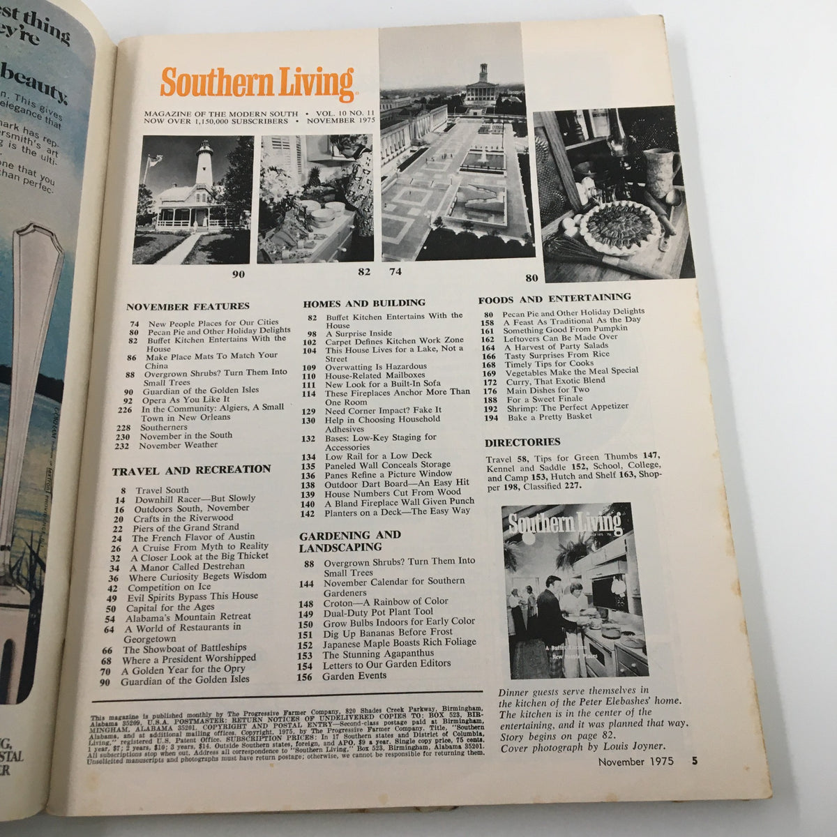 Inside page of VTG Southern Living Magazine November 1975, showcasing the table of contents and features related to Southern lifestyle and entertaining.