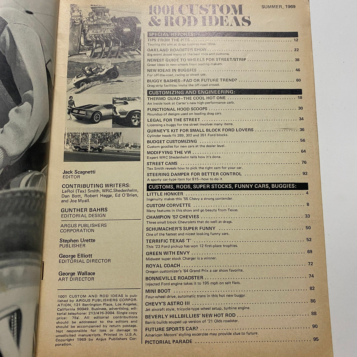 Contents page of VTG 1001 Custom & Rod Ideas Magazine Summer 1969 featuring articles about custom cars, buggy bashes, and automotive engineering.