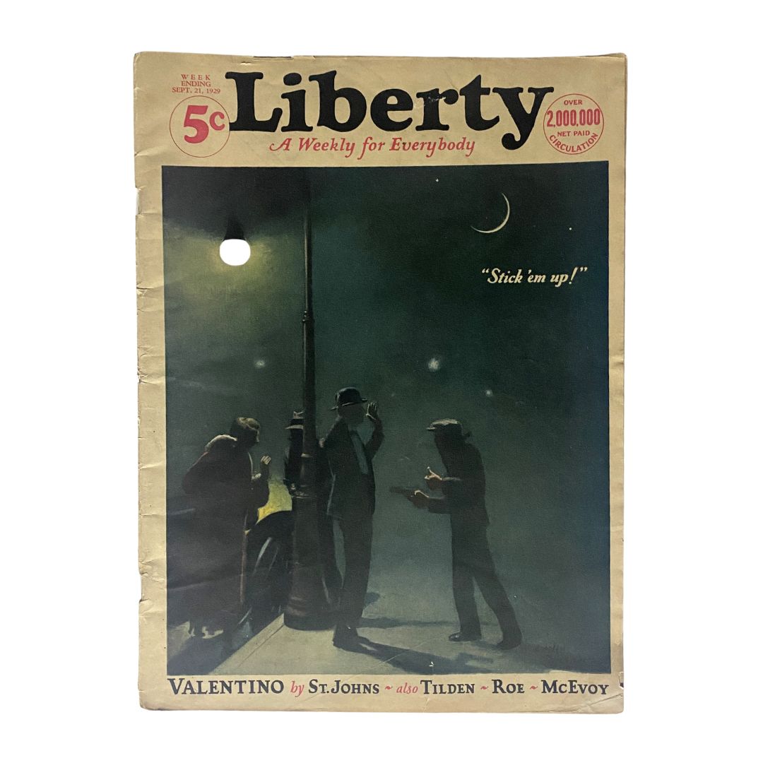 Cover of VTG Liberty Magazine September 21 1929 featuring Rudolph Valentino styled by St. Johns, showcasing a dramatic night scene with three figures.