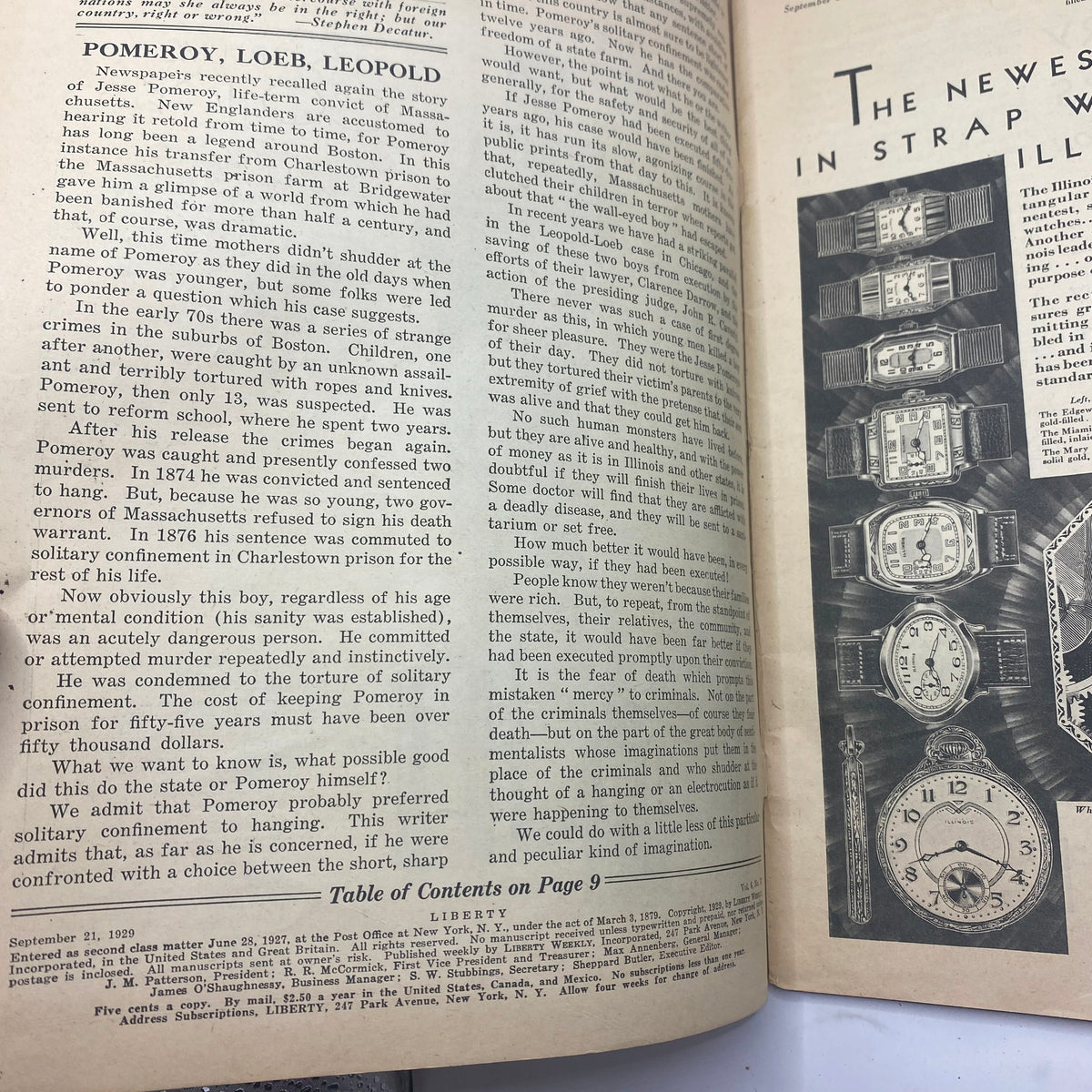 Inside page of VTG Liberty Magazine September 21 1929 displaying an article layout with illustrations, detailing a discussion on Pomeroy, Loeb, Leopold.