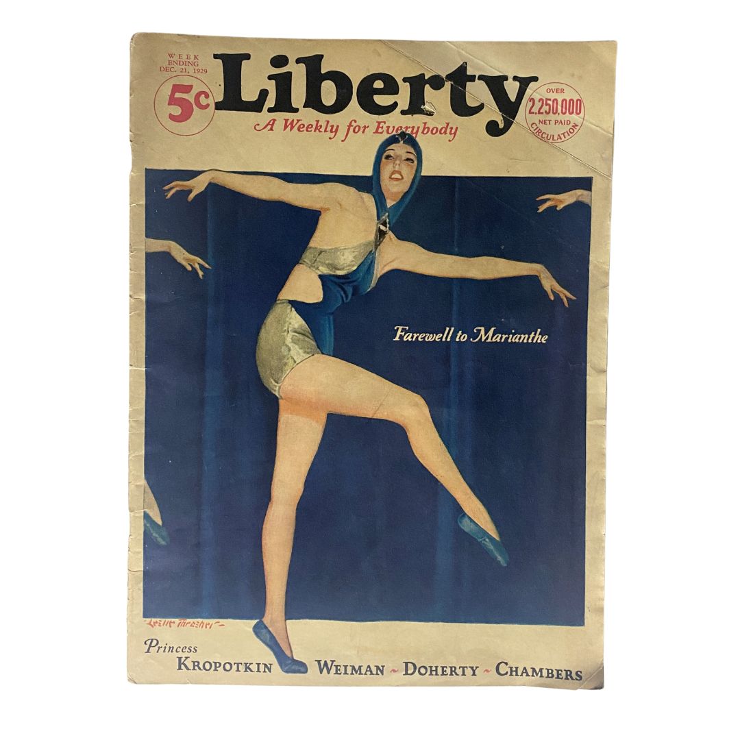 VTG Liberty Magazine December 21 1929 featuring a dancer on the cover titled 'Farewell to Marianthe', showcasing vintage art and design.