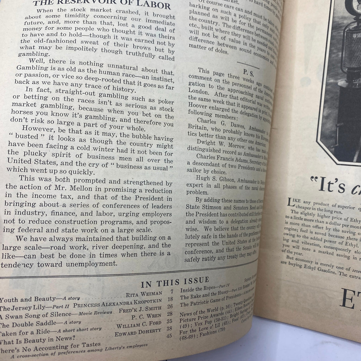 Inside page of VTG Liberty Magazine December 21 1929 featuring an article about labor work and economic insights from the era.