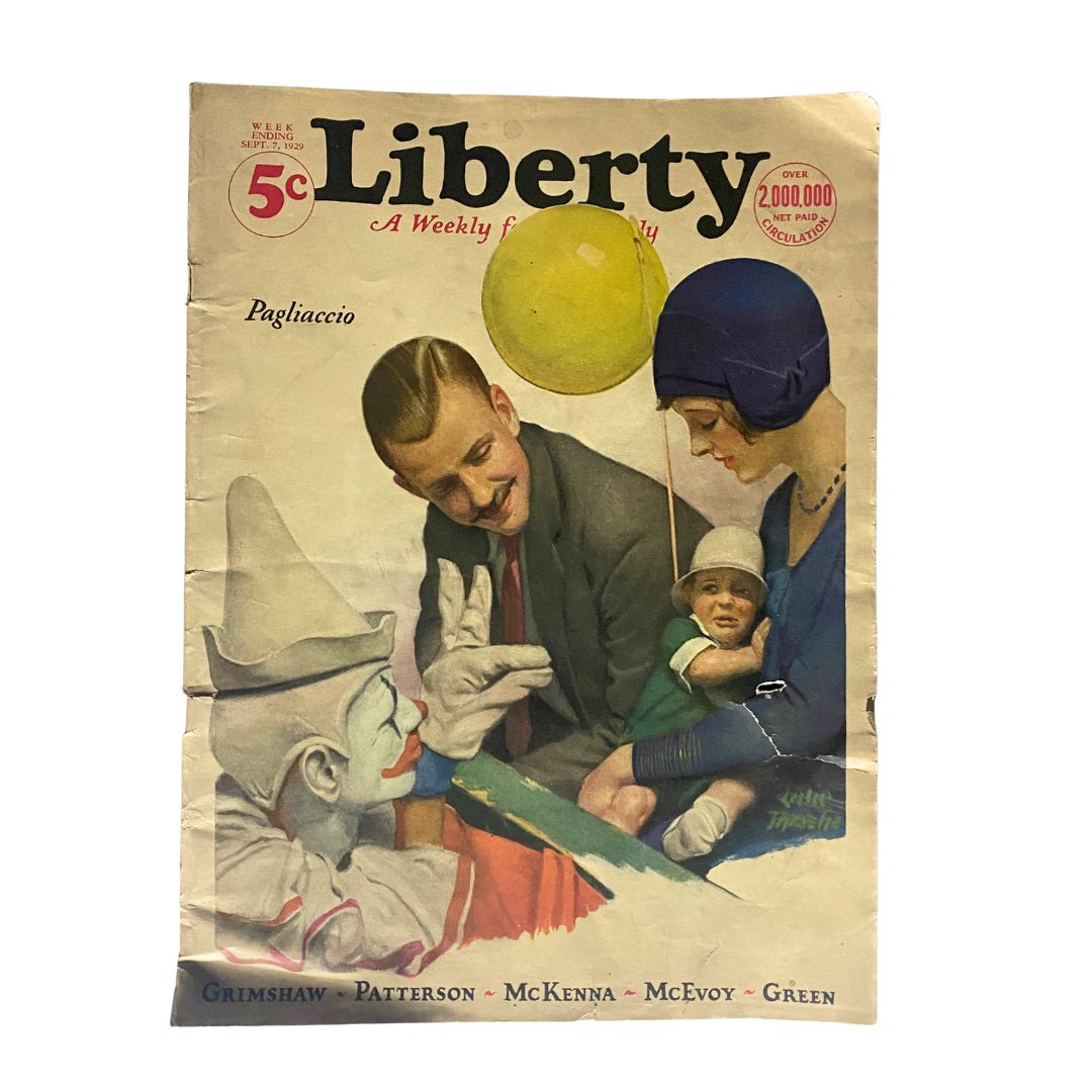 VTG Liberty Magazine September 7 1929 Pagliaccio and Grimshaw cover featuring a family with a clown and a child, showcasing vintage artwork and design.