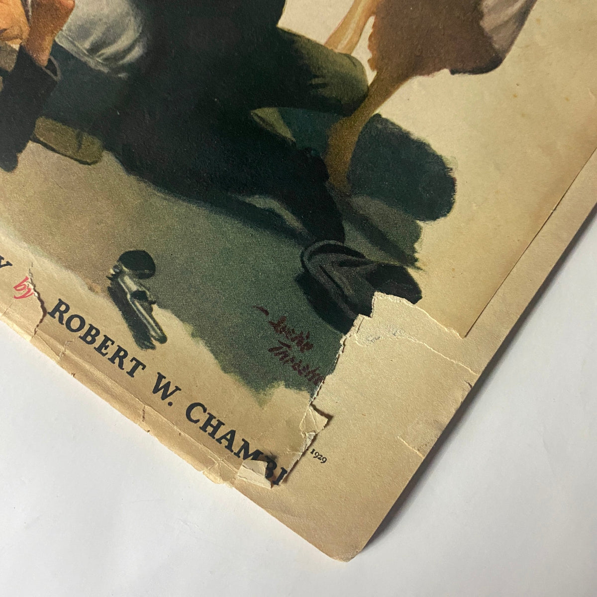 Close-up of the cover corner of VTG Liberty Magazine September 28 1929 The Cave Man, showing minor wear and tear.