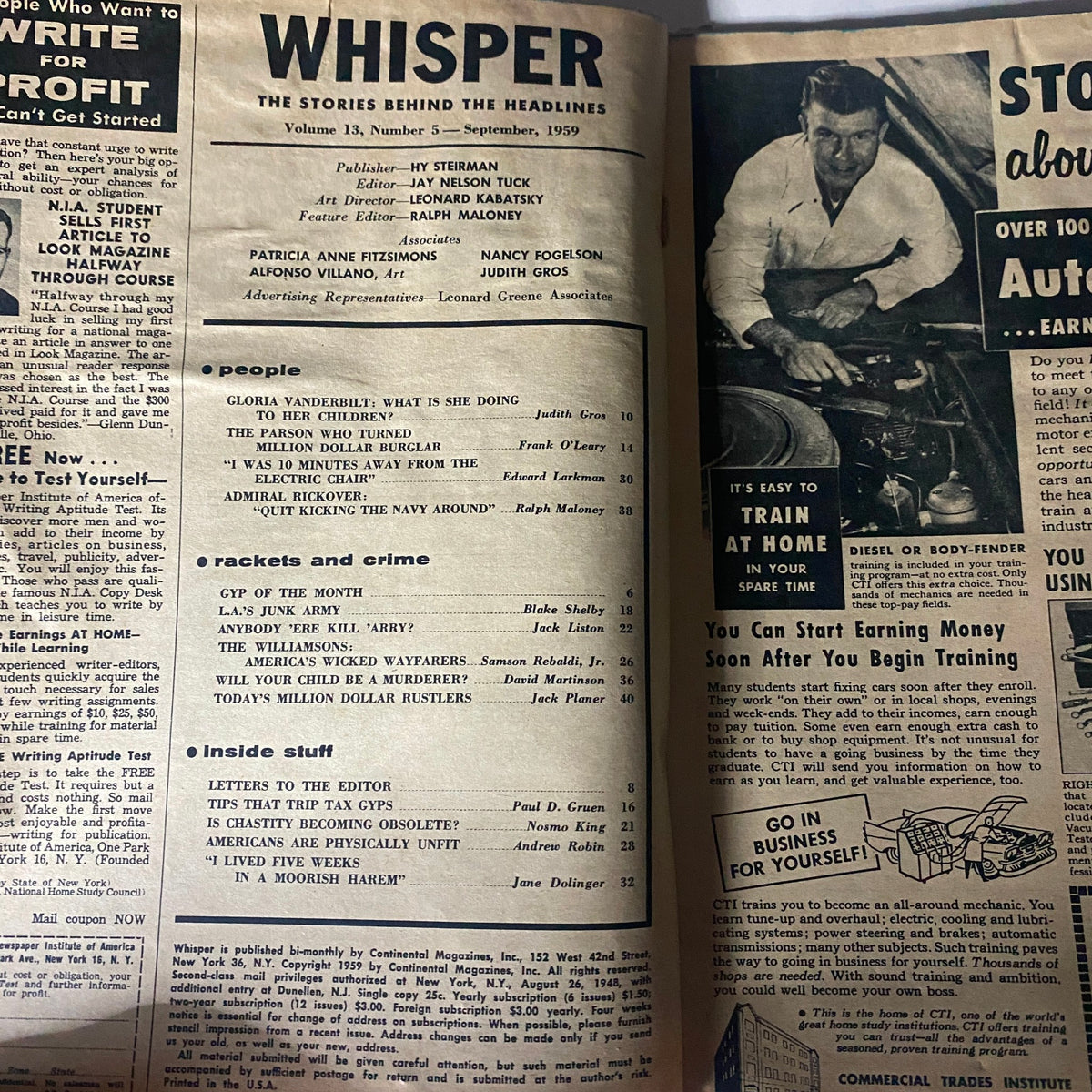 Inside page of VTG Whisper Magazine September 1959 featuring articles on Gloria Vanderbilt and Admiral Rickover, showcasing mid-century culture and trends.