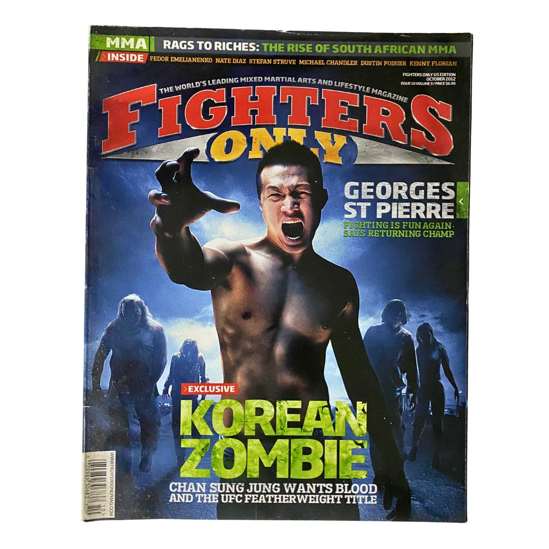 Cover of Fighters Only US Magazine October 2012 Issue 10 featuring Chan Sung Jung, also known as the Korean Zombie, showcasing his powerful presence and highlighting exclusive content about his journey in MMA.
