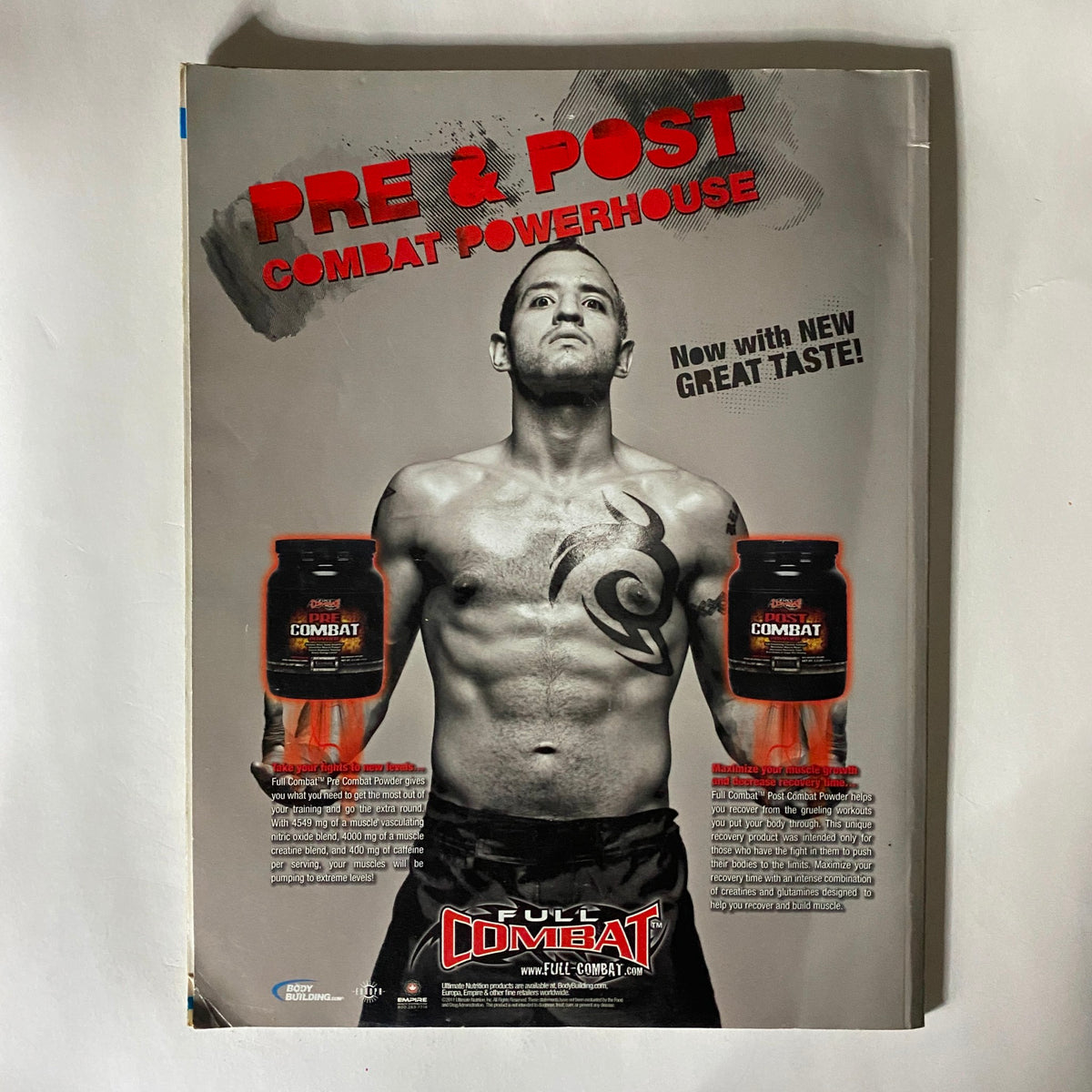 Fighters Only US Magazine August 2011 featuring Randy Couture on the cover with a vintage advertisement showcasing a male athlete holding combat supplements.