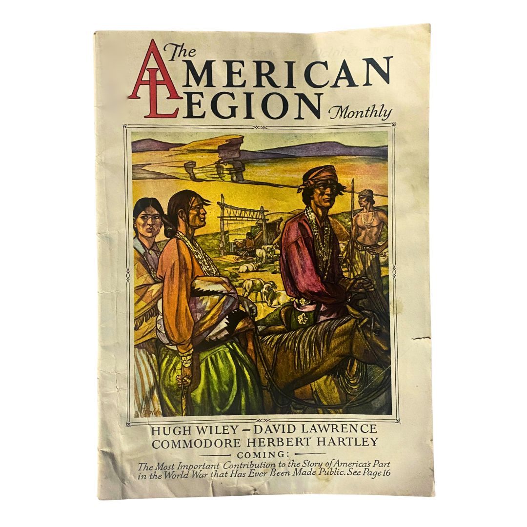 Cover of the VTG The American Legion Magazine October 1930 featuring a colorful illustration of early American life.
