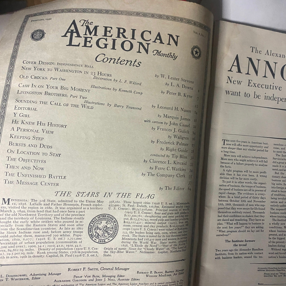 Interior page of The American Legion Magazine February 1930 displaying the table of contents, highlighting articles and features relevant to veterans and history.