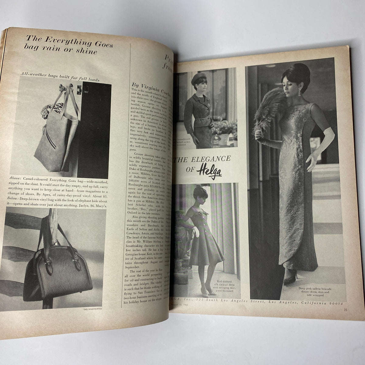 Interior page of Vogue Magazine August 15, 1965 depicting fashion designs, showcasing the elegance of mid-60s styles and accessories.
