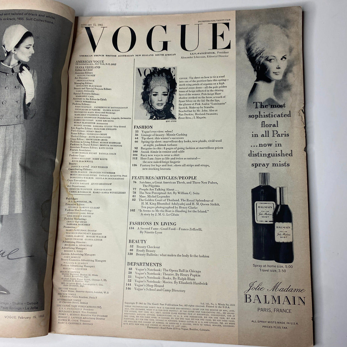 Table of contents from Vogue Magazine February 15, 1965, highlighting various fashion articles and features from the era.