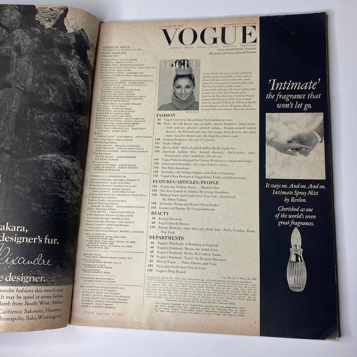 Vogue Magazine September 15, 1967, featuring table of contents highlighting fashion, articles, and beauty sections, reflecting the magazine's vintage style.