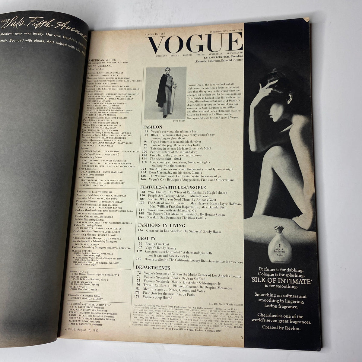 Interior page of Vogue Magazine August 15, 1967 displaying the Table of Contents with fashion articles and features from that era.