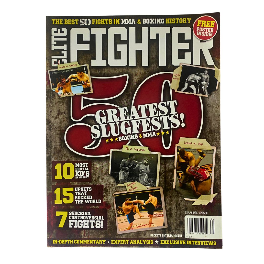 Cover of Elite Fighter Magazine 2010 featuring the title '50 Greatest Slugfests!' highlighting iconic moments in boxing and MMA history with images of legendary fighters.