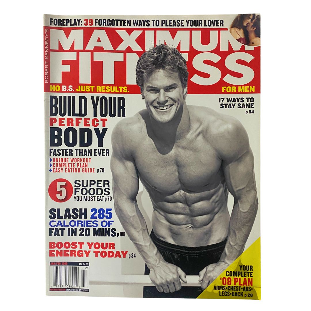 Cover of Maximum Fitness Magazine January 2008 featuring a muscular man with the title 'Build Your Perfect Body Faster Than Ever' and the phrase '5 Super Foods You Must Eat', highlighting fitness and nutrition topics.