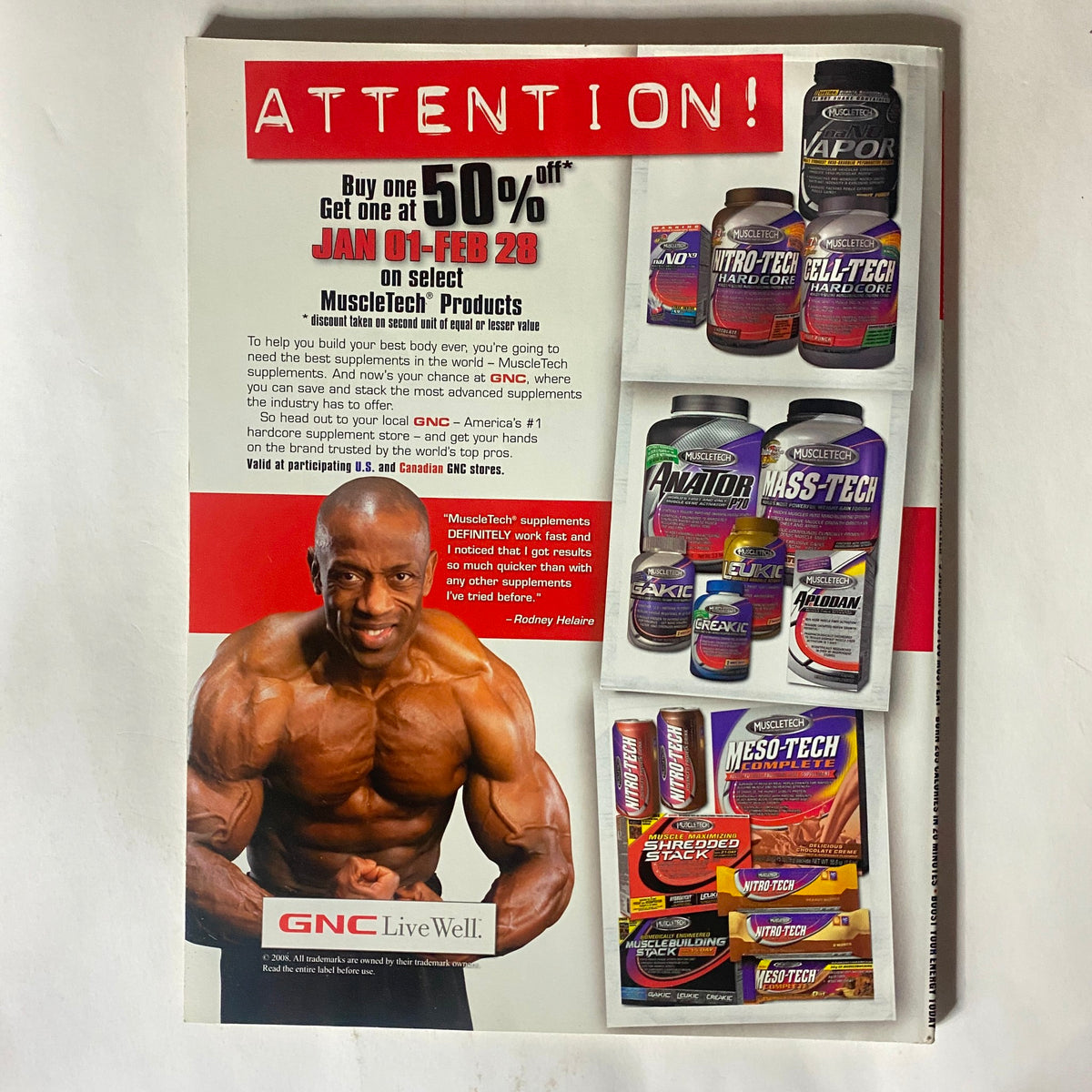 Back page of Maximum Fitness Magazine January 2008 with a promotional offer for GNC LiveWell products, showcasing various muscle-building supplements and featuring a fitness model.
