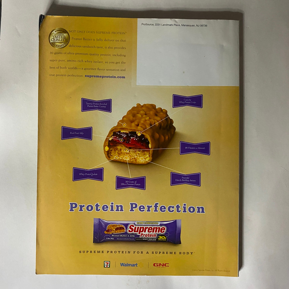 ProSource.Net 2009 Sports Supplement Buyer's Guide & Product Catalog back cover displaying Protein Perfection bar with nutritional highlights and promotional links for shopping options.