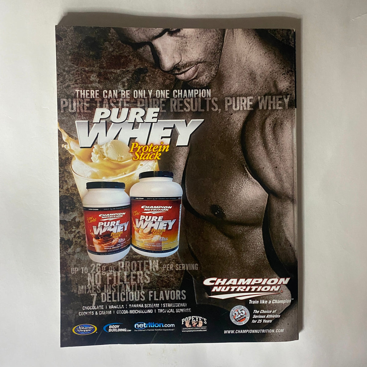 Cover of the Fitness RX Magazine September 2008 edition featuring the title 'The Beer Gut Myth: Lose The Gut' with a focus on fitness myths, including an advertisement for Champion Nutrition's Pure Whey Protein. This magazine cover highlights health trends from the late 2000s.