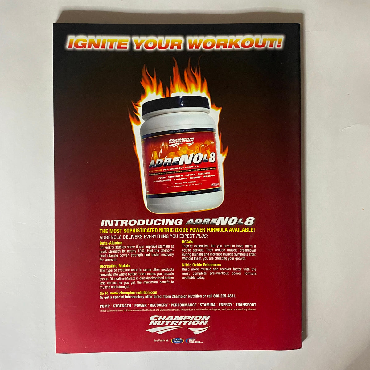 The back cover of the Fitness RX Magazine May 2008 featuring an advertisement for Champion Nutrition's Adreno 8, a nitric oxide power formula, highlighting its benefits for workout performance.