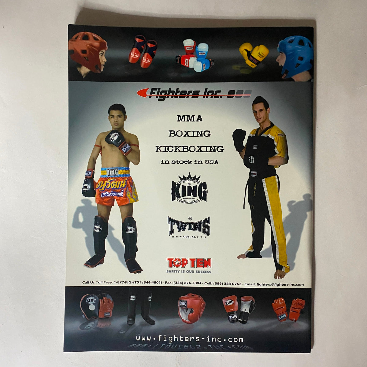 Fighters Inc promotional image for MMA, boxing, and kickboxing gear, featuring athletes in training attire. Includes information on available stock in the USA, aligning with the theme of MMA Sports Magazine Issue 11 featuring B. J. Penn.