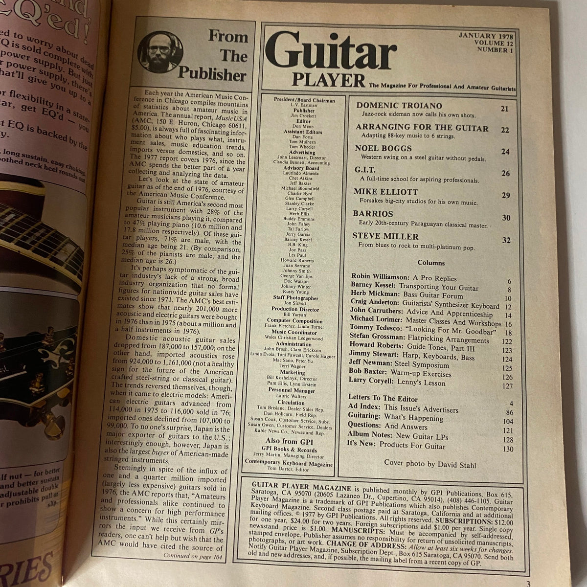 Inside page of Guitar Player Magazine January 1978, showcasing the table of contents and articles including a feature on Steve Miller.