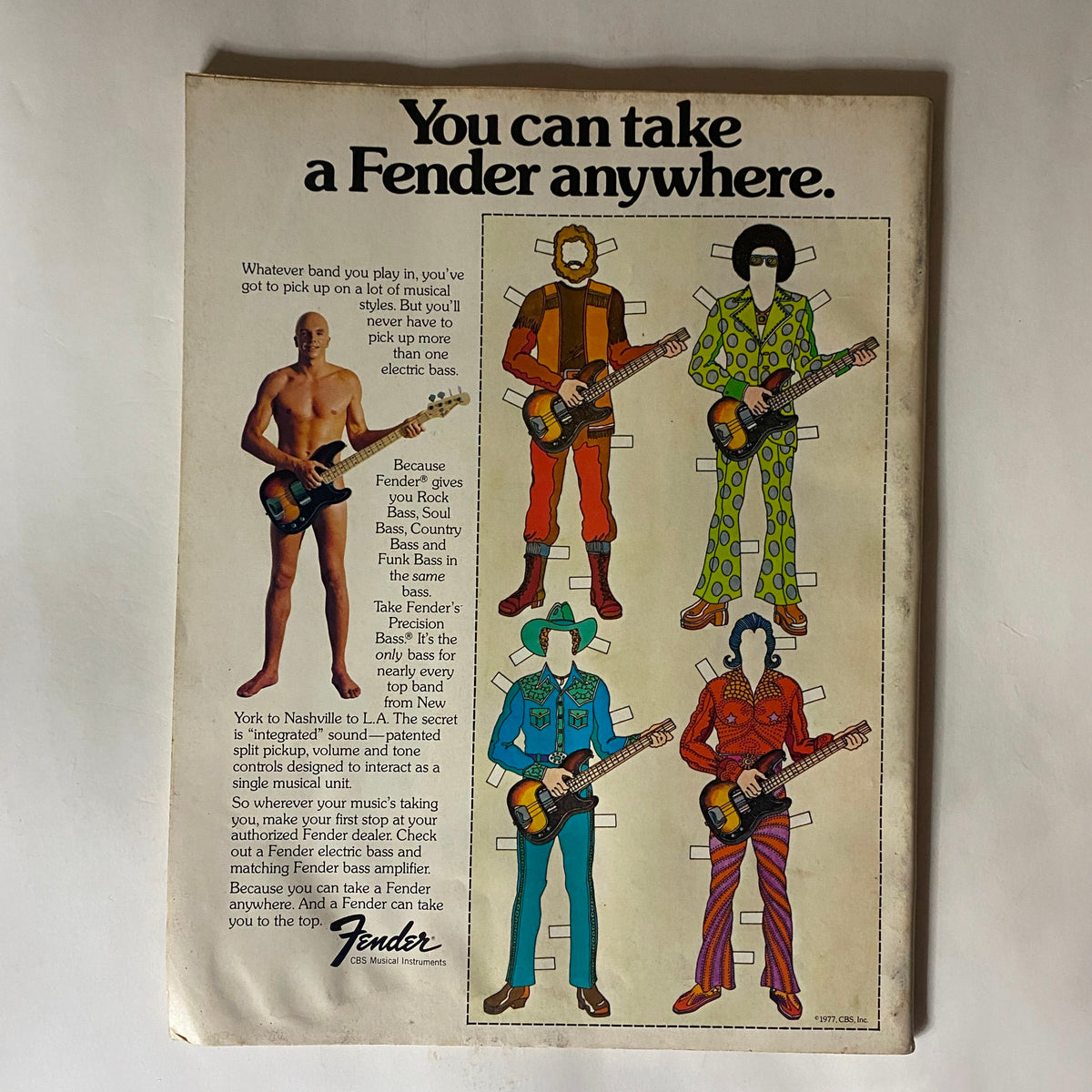 Advertisement page from Guitar Player Magazine January 1978 by Fender, promoting electric bass guitars with colorful illustrations.