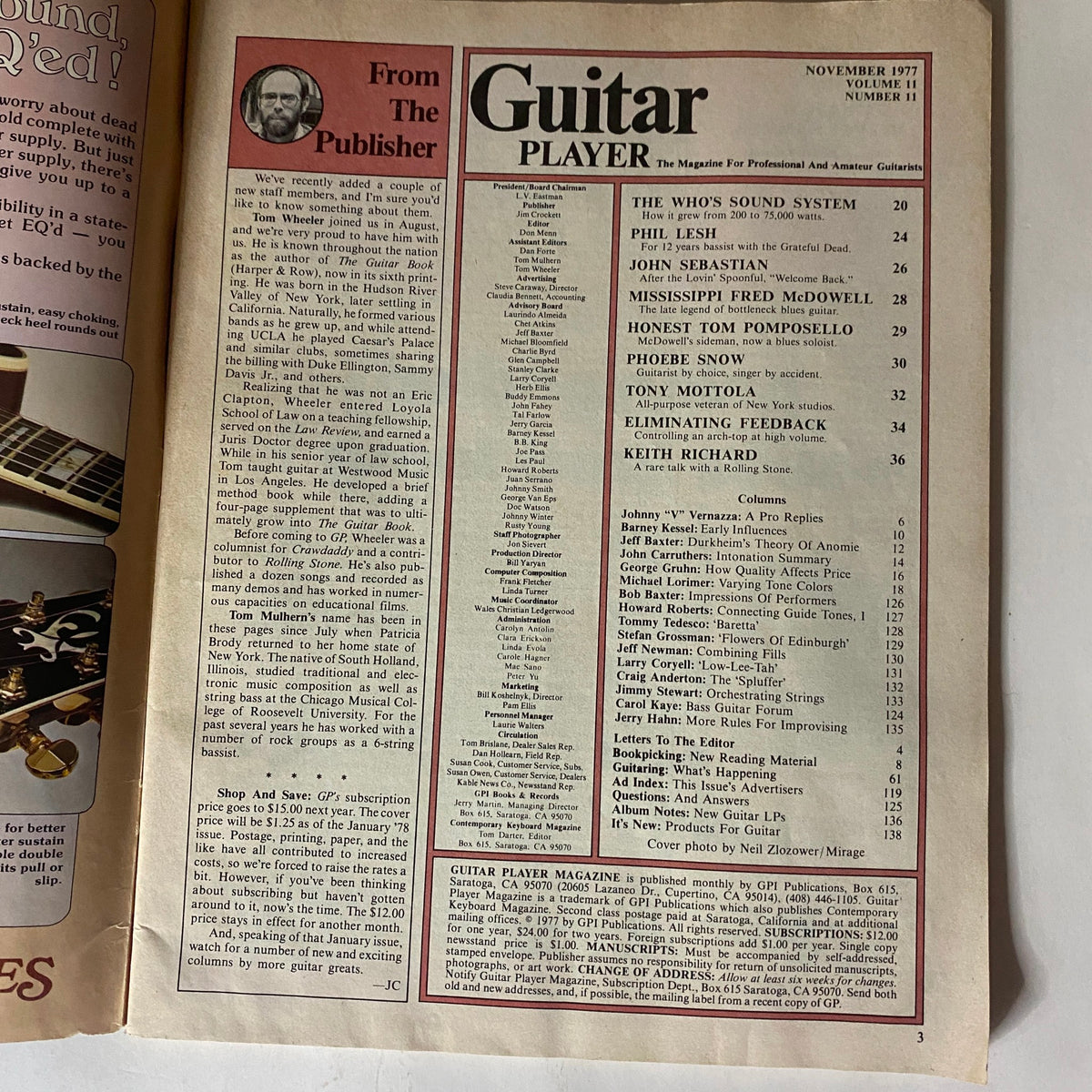 Vintage Guitar Player Magazine November 1977 Keith Richards No Label