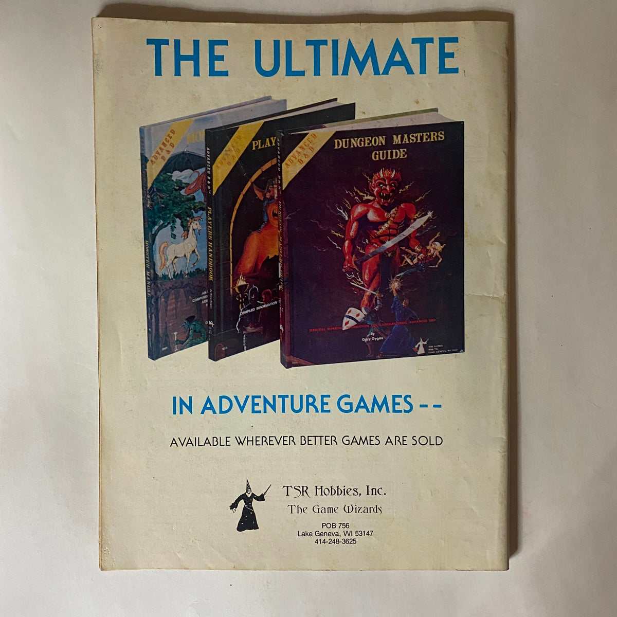 Back cover of VTG Fantastics Films Magazine May 1980 Vol 3 No. 1, featuring an advertisement for TSR Hobbies adventure games, emphasizing gaming culture.