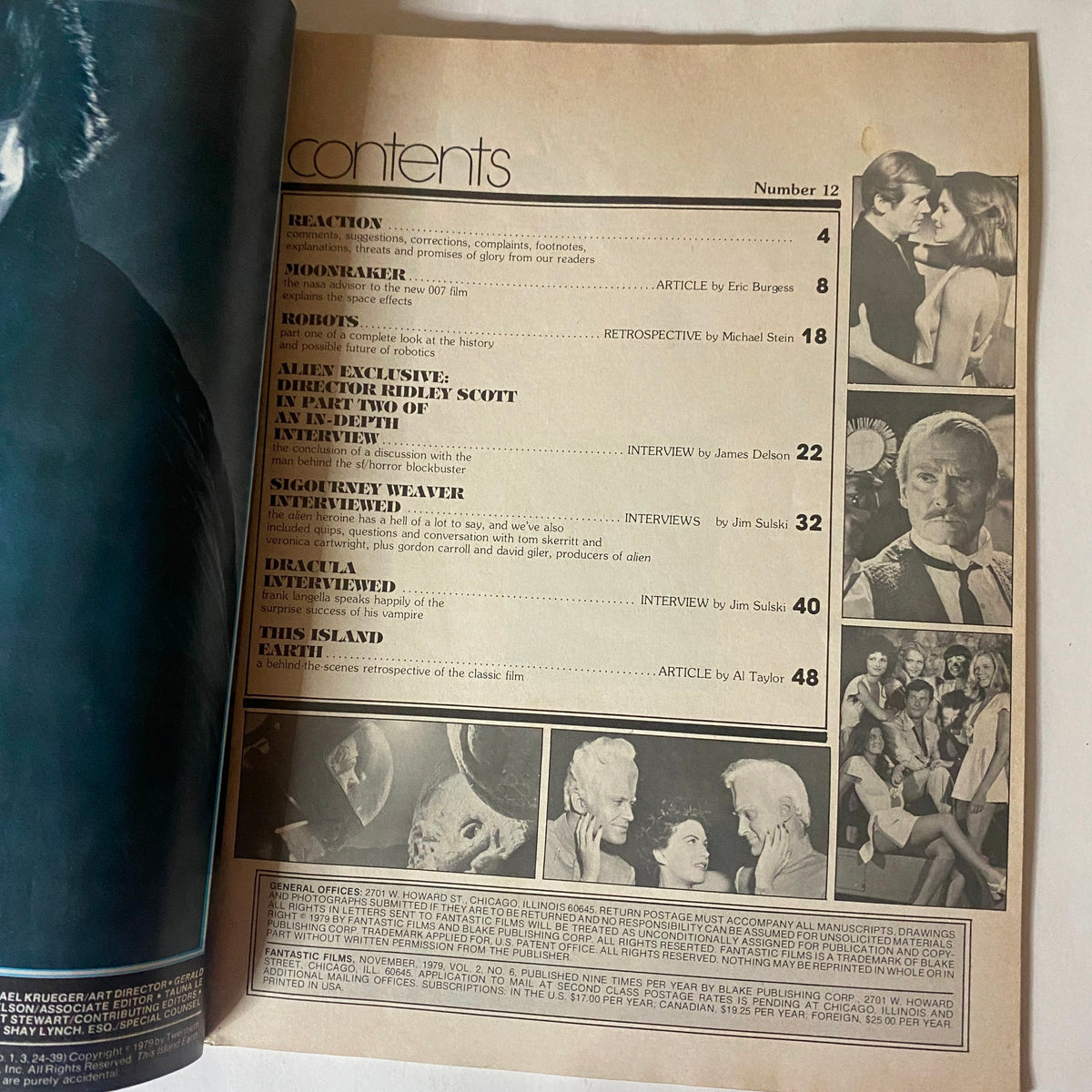 Contents page of VTG Fantastics Films Magazine November 1979, showcasing articles including the Dracula interview and feature details.
