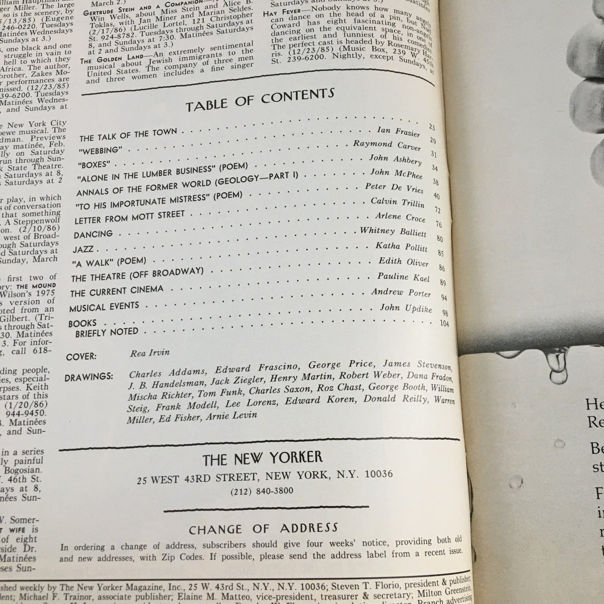 Table of contents from The New Yorker Magazine, February 24, 1986, listing articles and contributions by various writers, cover art by Rea Irvin.