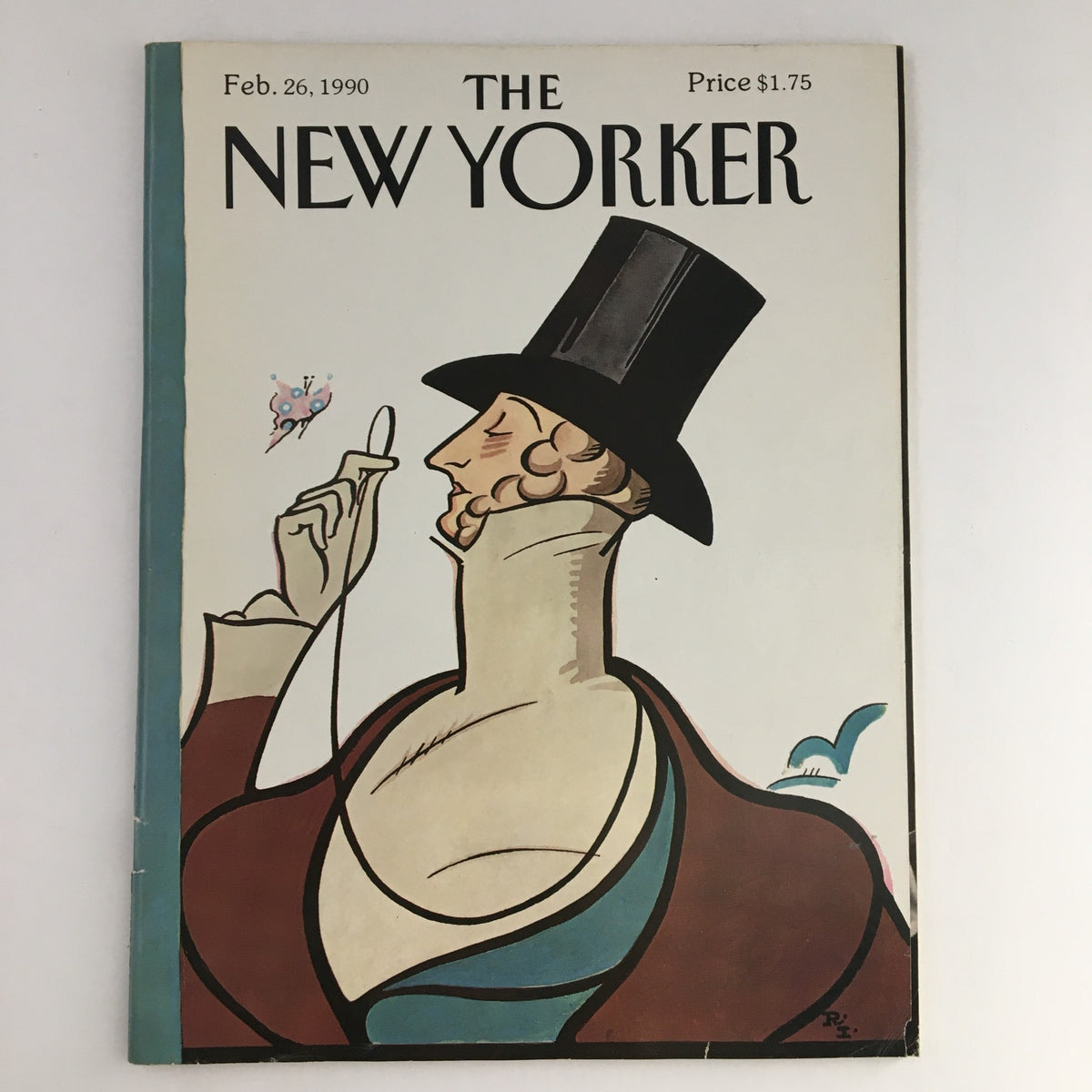 Cover of The New Yorker Magazine dated February 26, 1990, featuring the iconic Eustace Tilley illustration by Rea Irvin, showcasing a gentleman in a top hat with a sophisticated pose.