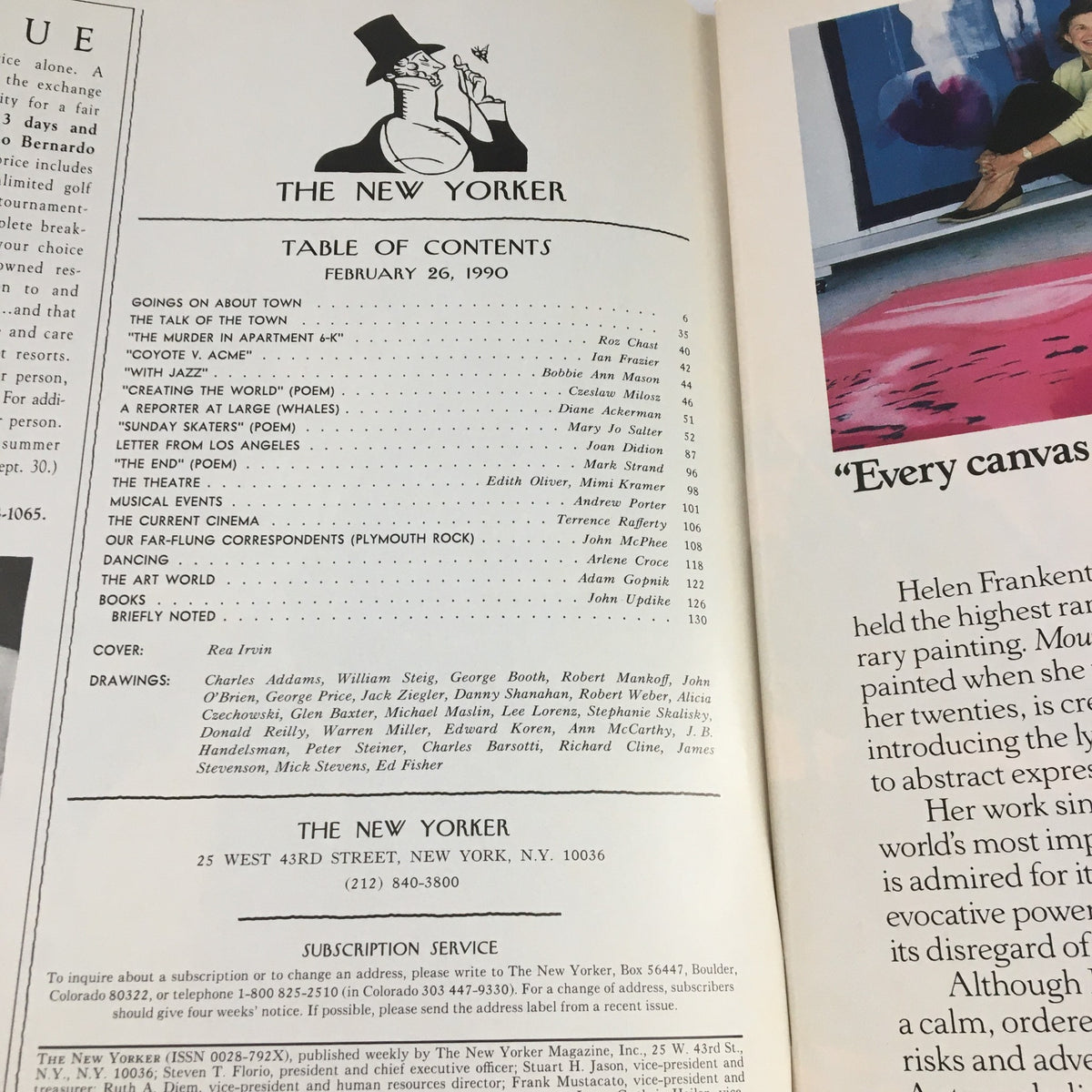 Table of contents from The New Yorker Magazine February 26 1990 Eustace Tilley Cover by Rea Irvin, featuring article listings and illustrations.