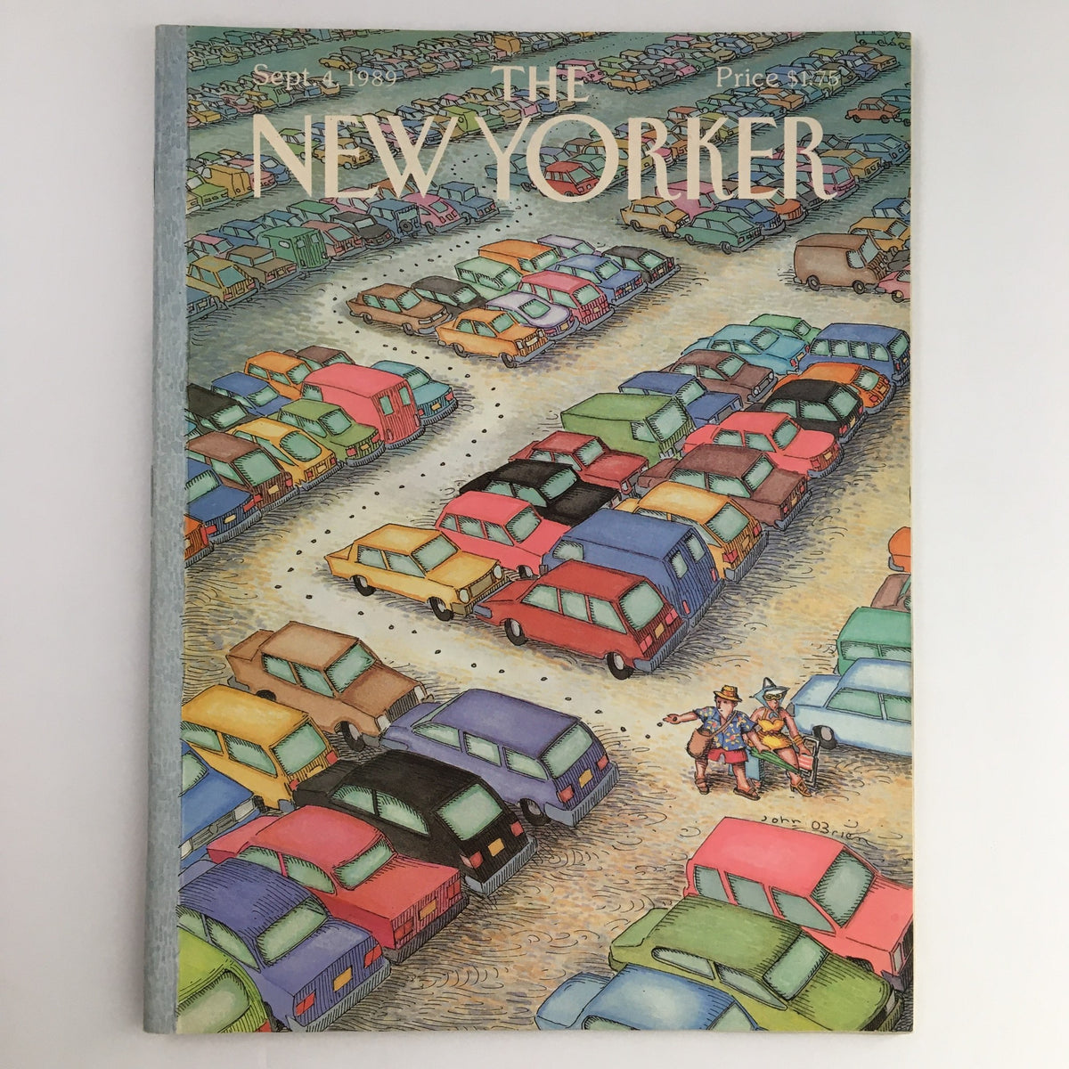 Cover of The New Yorker Magazine September 4 1989 featuring a colorful illustration of parked cars with two people walking amidst them, created by artist John O'Brien.