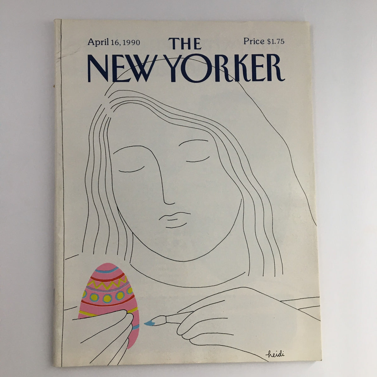 Cover of The New Yorker Magazine dated April 16, 1990, featuring a minimalist illustration by Heidi Goennel, depicting a woman painting a colorful Easter egg.