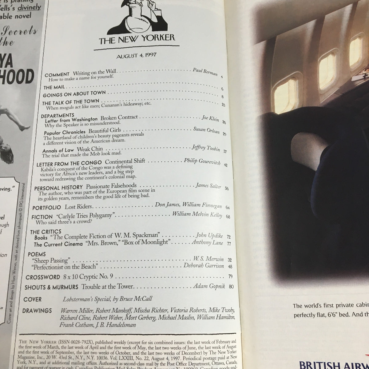 Interior page from The New Yorker Magazine August 4 1997 showing the table of contents, featuring articles and illustrations by various authors.