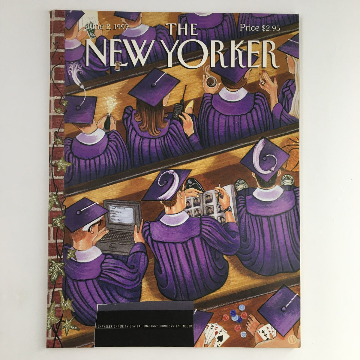 Cover of The New Yorker Magazine, June 2, 1997, featuring a vibrant illustration by M. Scott Miller depicting graduates in purple robes and caps engaged in various activities.
