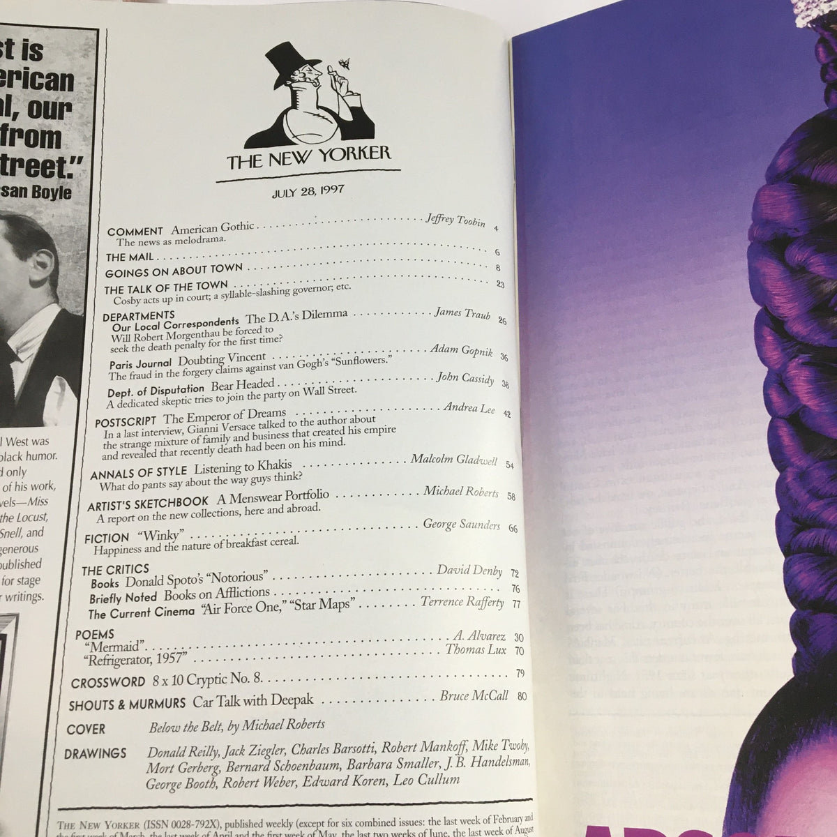 Table of contents page from The New Yorker Magazine July 28, 1997 featuring articles and illustrations, including the Artist's Sketchbook by Michael Roberts.