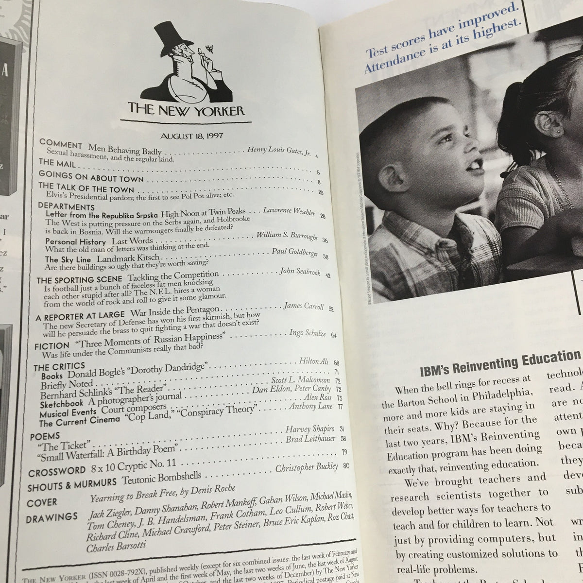 Interior page showcasing the table of contents from The New Yorker Magazine August 18 1997, highlighting articles and illustrations including comments, fiction, and nonfiction contributions.