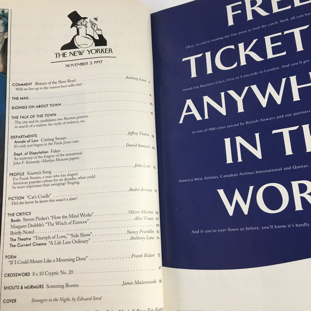 Interior page of The New Yorker Magazine November 3 1997, showcasing the table of contents with various article titles, including 'Stranger's In The Night' by Edward Sorel, reflecting the magazine's editorial layout.