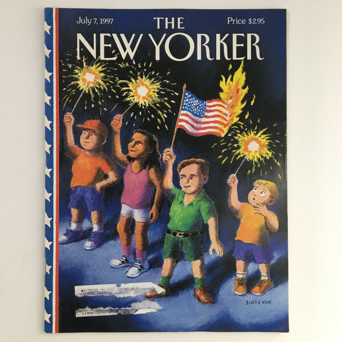 Cover of The New Yorker Magazine July 7, 1997, showcasing a fireworks theme illustration by R. Sikoryak, featuring children holding sparklers and an American flag.