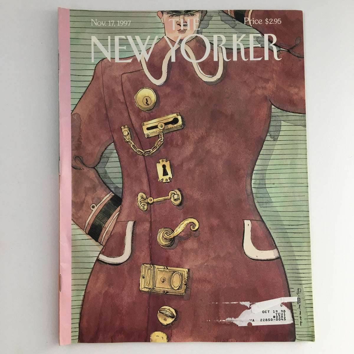 The New Yorker Magazine cover, November 17, 1997, featuring a 'Locked Up' theme illustrated by Barry Blitt, showcasing a unique design with buttons and locks.
