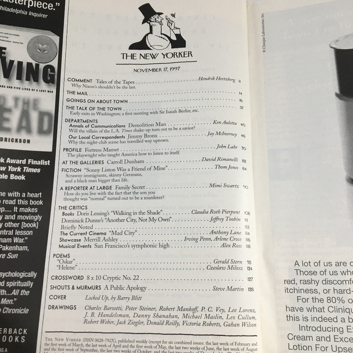 Inside spread of The New Yorker Magazine November 17 1997 featuring the table of contents with articles and contributions, highlighting the 'Locked Up' theme cover by Barry Blitt.